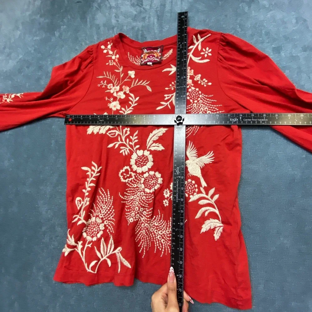 Johnny Was Ellia Top Womens Small Red Puff Sleeve Embroidered Floral Round Neck